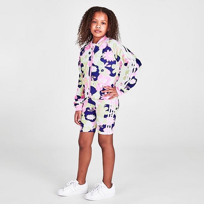 Front Three Quarter view of Girls' adidas Originals Allover Floral Print Bike Shorts in White/True Pink/Almost Lime/Legacy Indigo Click to zoom