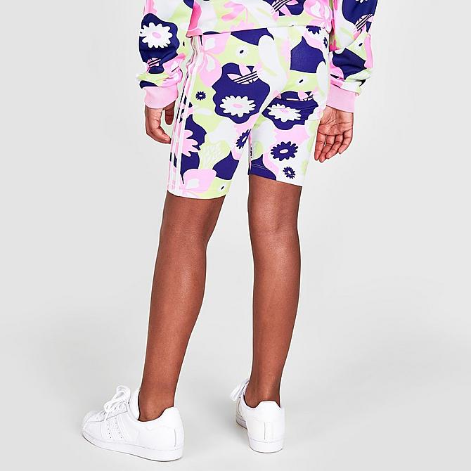 Back Right view of Girls' adidas Originals Allover Floral Print Bike Shorts in White/True Pink/Almost Lime/Legacy Indigo Click to zoom