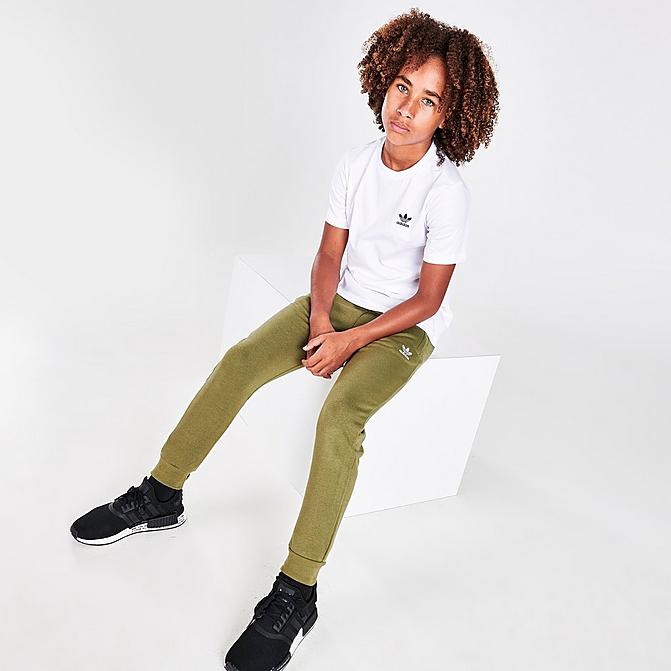 Front view of Kids' adidas Originals Essential Jogger Pants in Orbit Green Click to zoom