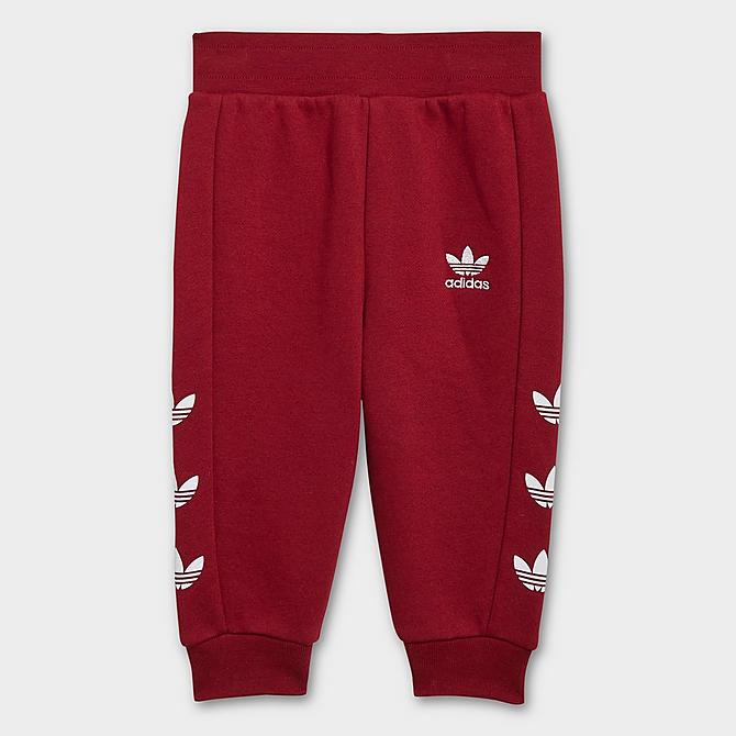 Back Right view of Kids' Infant and Toddler adidas Originals Repeat Trefoil Crewneck Sweatshirt and Jogger Pants Set in Collegiate Burgundy Click to zoom