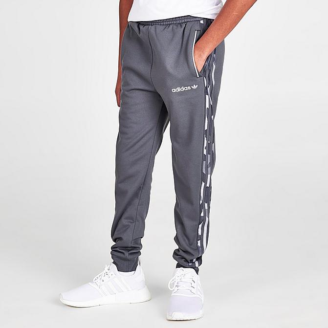Front view of Boys' adidas Originals Camo 3-Stripes Mix Material Jogger Pants in Grey/Camo Click to zoom