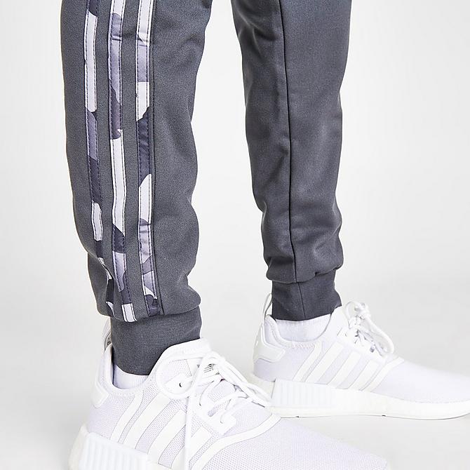 On Model 6 view of Boys' adidas Originals Camo 3-Stripes Mix Material Jogger Pants in Grey/Camo Click to zoom