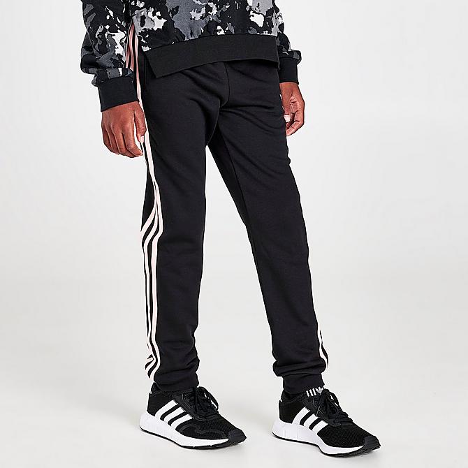 Back Left view of Girls' adidas Originals 3-Stripes Jogger Pants in Black/Pink Click to zoom