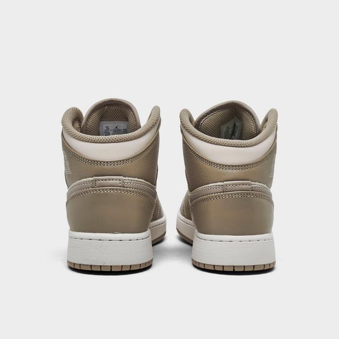 Left view of Big Kids' Air Jordan Retro 1 Mid Casual Shoes in Legend Light Brown/Khaki/Phantom Click to zoom