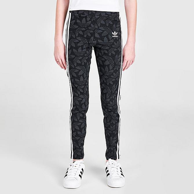 Front Three Quarter view of Girls' adidas Originals Dance Allover Print Trefoil Leggings in Carbon/Black/White Click to zoom