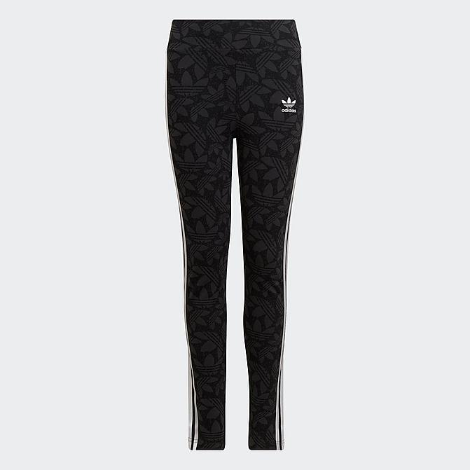 Front view of Girls' adidas Originals Dance Allover Print Trefoil Leggings in Carbon/Black/White Click to zoom