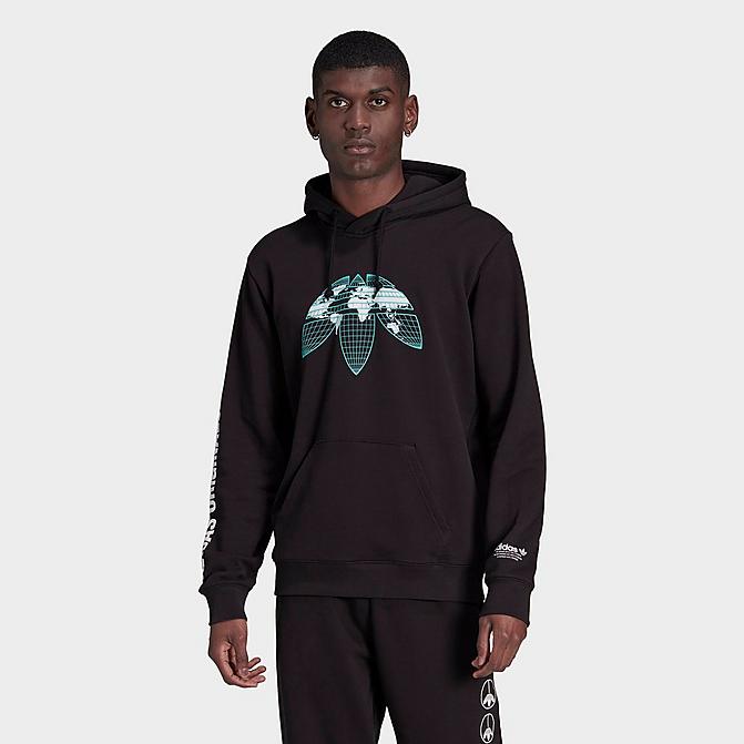 Front view of Men's adidas Originals Graphics United Pullover Hoodie in Black Click to zoom