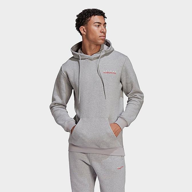 Front view of Men's adidas Originals Sports Club Pullover Hoodie in Medium Grey Heather Click to zoom