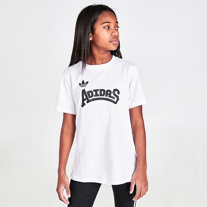 Front view of Girls' Little Kids' and Big Kids' adidas Originals Trefoil Dance T-Shirt in White/Black Click to zoom