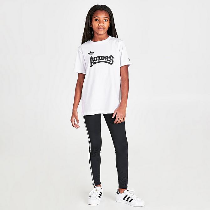Front Three Quarter view of Girls' Little Kids' and Big Kids' adidas Originals Trefoil Dance T-Shirt in White/Black Click to zoom