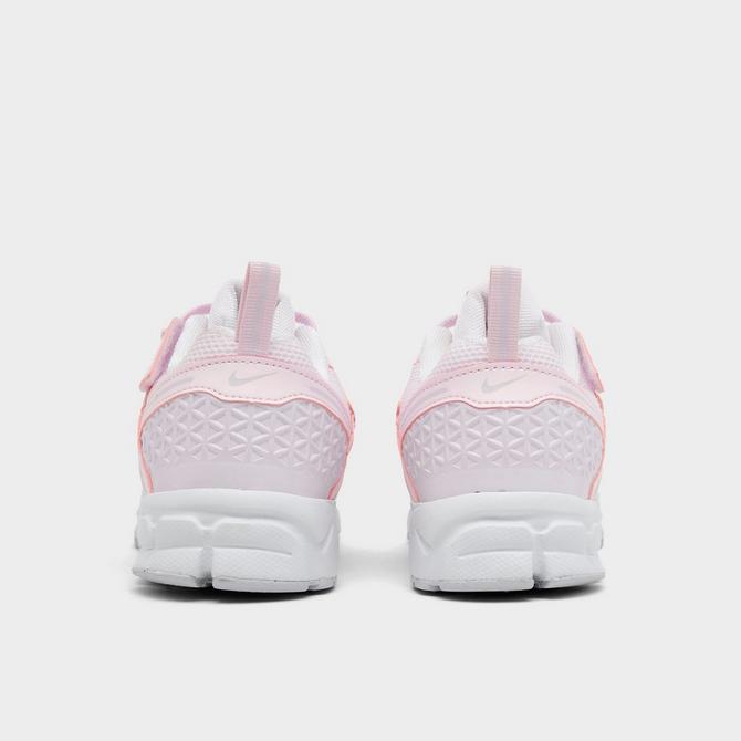 Left view of Girls' Little Kids' Nike Vomero 5 Stretch Lace Casual Shoes in Pearl Pink/Bleached Lilac/Summit White/Vast Grey Click to zoom