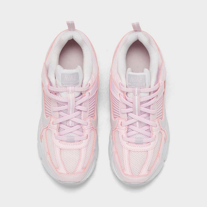 Back view of Girls' Little Kids' Nike Vomero 5 Stretch Lace Casual Shoes in Pearl Pink/Bleached Lilac/Summit White/Vast Grey Click to zoom