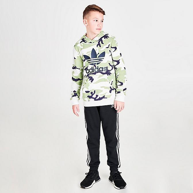 Front view of Boys' adidas Originals Camo Hoodie in Orbit Grey/Magic Lime/Shadow Navy Click to zoom