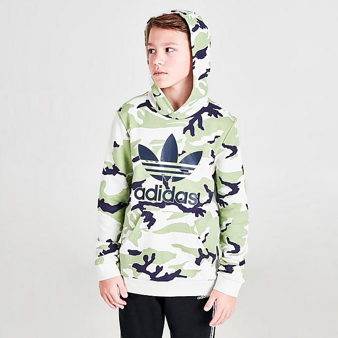 Front Three Quarter view of Boys' adidas Originals Camo Hoodie in Orbit Grey/Magic Lime/Shadow Navy Click to zoom
