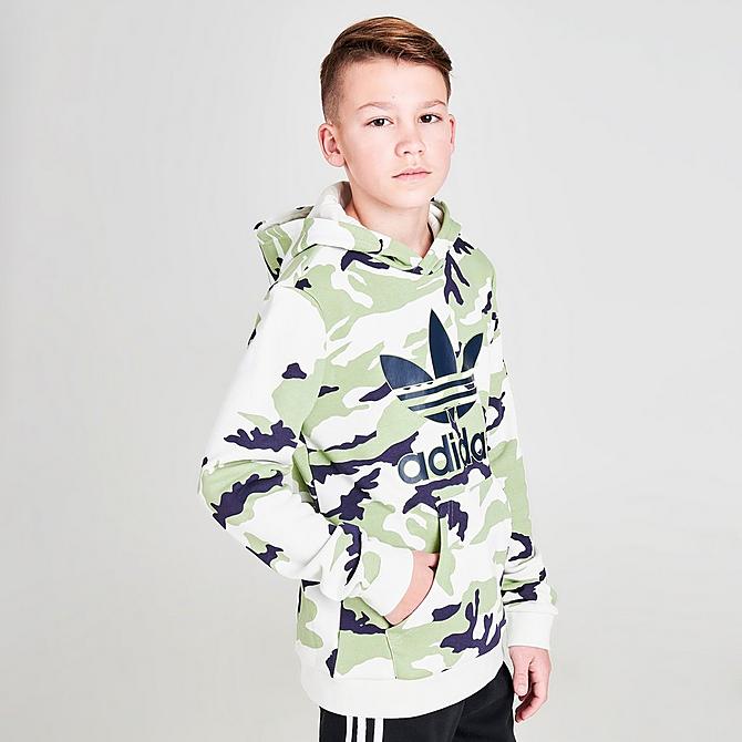 Back Left view of Boys' adidas Originals Camo Hoodie in Orbit Grey/Magic Lime/Shadow Navy Click to zoom