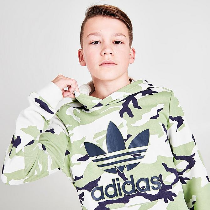 On Model 5 view of Boys' adidas Originals Camo Hoodie in Orbit Grey/Magic Lime/Shadow Navy Click to zoom