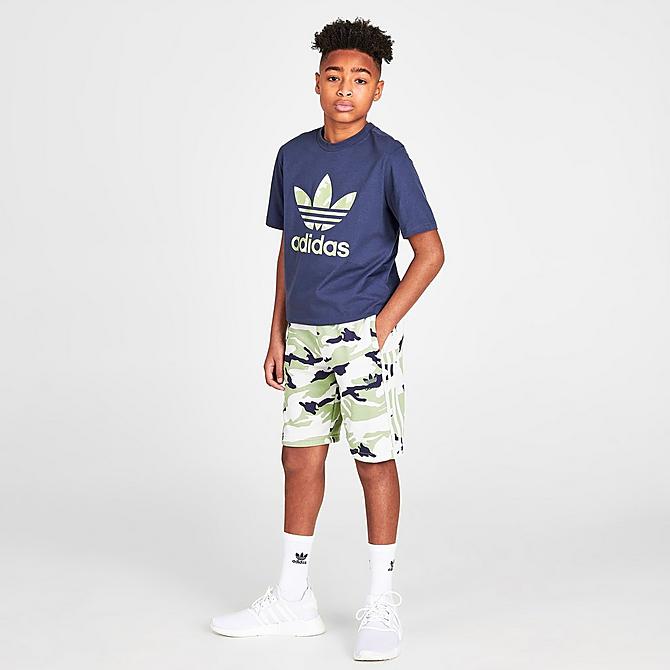 Front Three Quarter view of Kids' adidas Originals Camo French Terry Shorts in Orbit Grey/Magic Lime/Shadow Navy Click to zoom