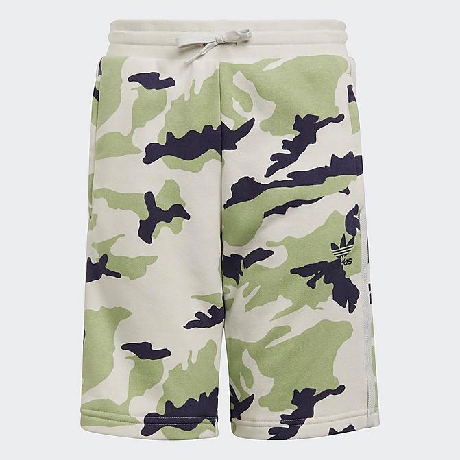 Front view of Kids' adidas Originals Camo French Terry Shorts in Orbit Grey/Magic Lime/Shadow Navy Click to zoom