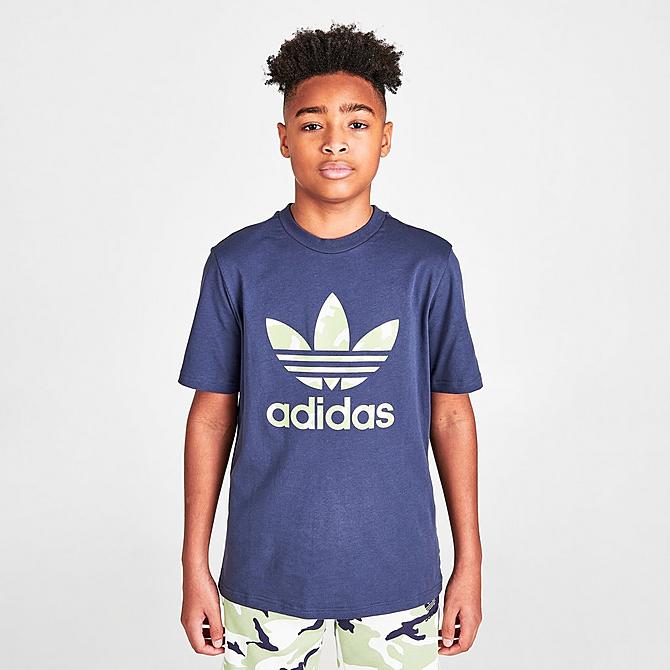 Front view of Boys' adidas Originals Camo Print Graphic T-Shirt in Shadow Navy Click to zoom
