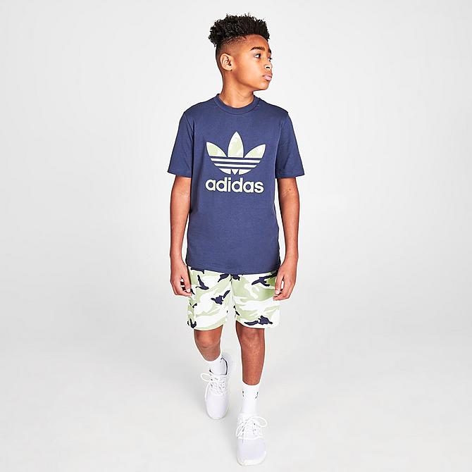 Front Three Quarter view of Boys' adidas Originals Camo Print Graphic T-Shirt in Shadow Navy Click to zoom