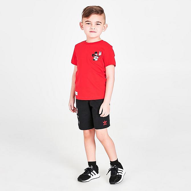 Front Three Quarter view of Kids' Toddler adidas Originals x Disney Mickey and Friends T-Shirt in Vivid Red Click to zoom