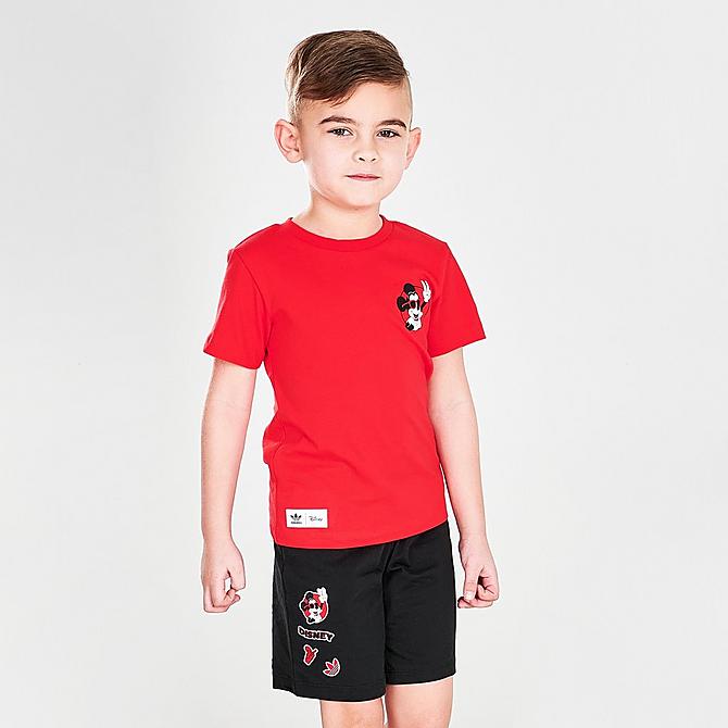 Back Left view of Kids' Toddler adidas Originals x Disney Mickey and Friends T-Shirt in Vivid Red Click to zoom