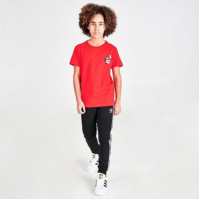 Front Three Quarter view of Kids' adidas Originals x Disney Mickey and Friends T-Shirt in Vivid Red Click to zoom