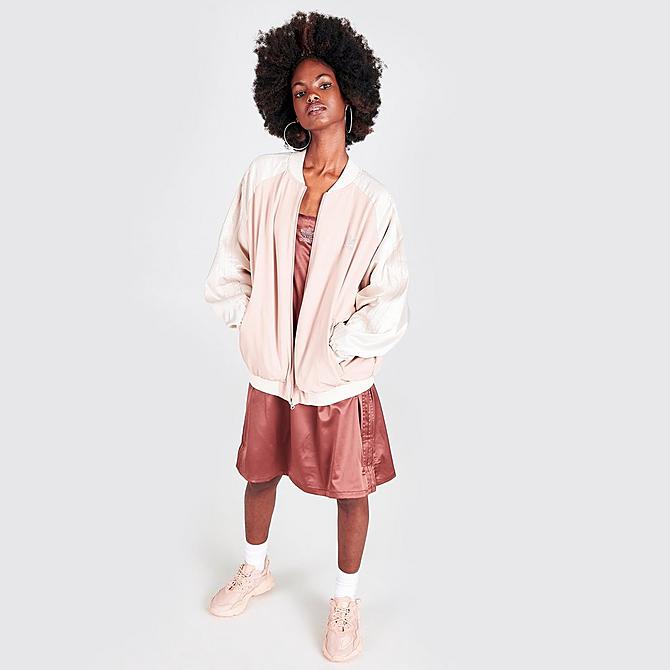 Front Three Quarter view of Women's adidas Originals 2000 Luxe Bomber Jacket in Ash Pearl Click to zoom