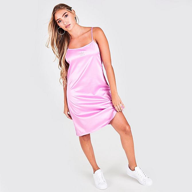 Front Three Quarter view of Women's adidas Originals Oversized Satin Shirt Dress in Bliss Orchid Click to zoom