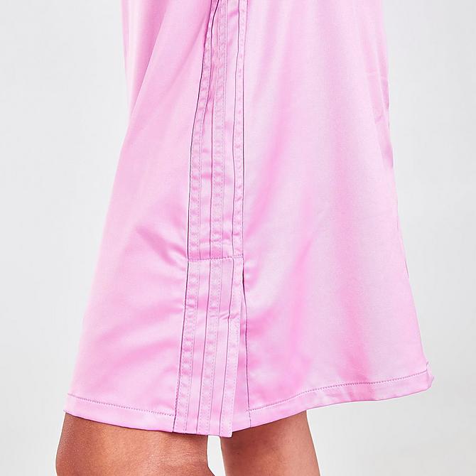 On Model 5 view of Women's adidas Originals Oversized Satin Shirt Dress in Bliss Orchid Click to zoom