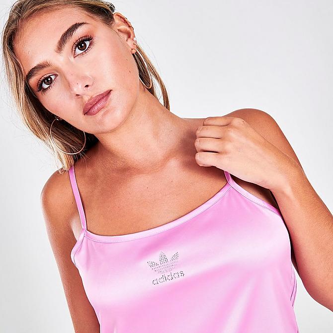 On Model 6 view of Women's adidas Originals Oversized Satin Shirt Dress in Bliss Orchid Click to zoom