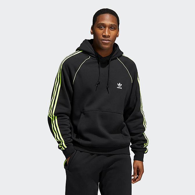 Front view of Men's adidas Originals SST Pullover Hoodie in Black/Solar Yellow Click to zoom
