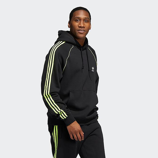 Back Left view of Men's adidas Originals SST Pullover Hoodie in Black/Solar Yellow Click to zoom
