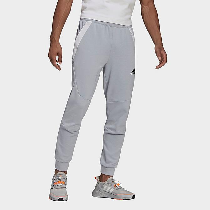 Front Three Quarter view of Men's adidas Essentials Designed For Gameday Jogger Pants in Halo Silver Click to zoom