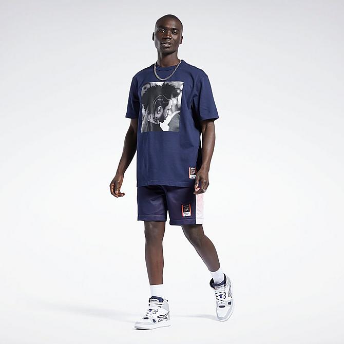 Front Three Quarter view of Men's Reebok Iverson Basketball I3 Graphic Print Short-Sleeve T-Shirt in Vector Navy Click to zoom