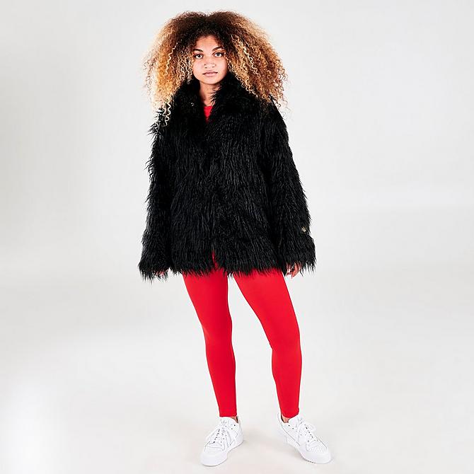 Front Three Quarter view of Women's adidas Originals Faux Fur Jacket in Black/White Click to zoom