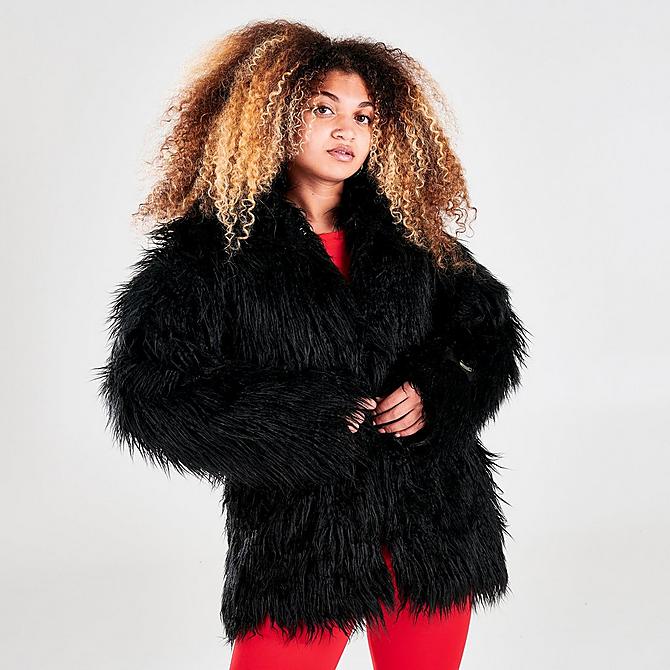 Back Left view of Women's adidas Originals Faux Fur Jacket in Black/White Click to zoom