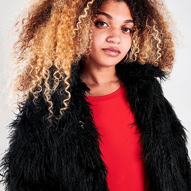 On Model 5 view of Women's adidas Originals Faux Fur Jacket in Black/White Click to zoom