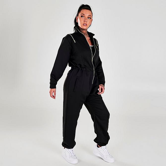 Back Right view of Women's adidas Originals Metallic Trefoil Jumpsuit in Black Click to zoom
