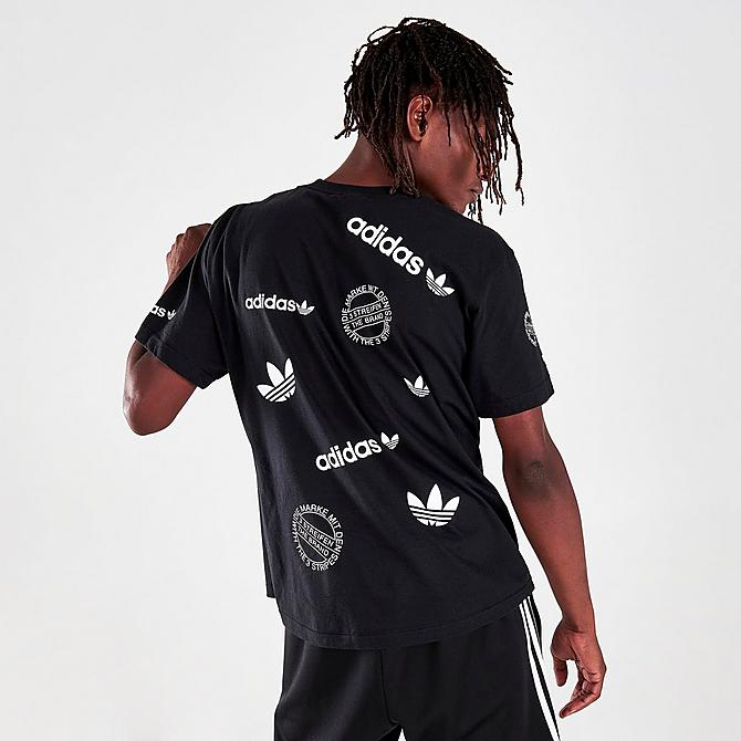 On Model 5 view of Men's adidas Originals New Multi-Logo Graphic T-Shirt in Black/White Click to zoom