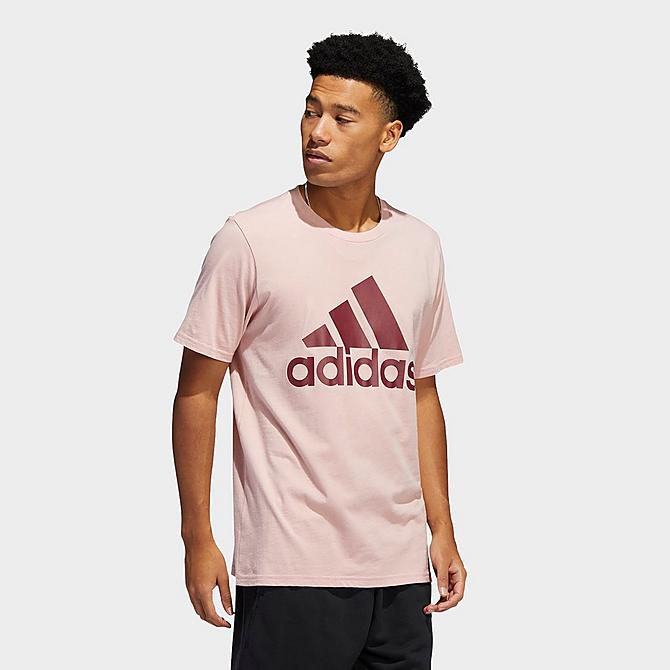 Back Left view of Men's adidas Badge of Sport Classic Graphic Print Short-Sleeve T-Shirt in Wonder Mauve/Shadow Red Click to zoom