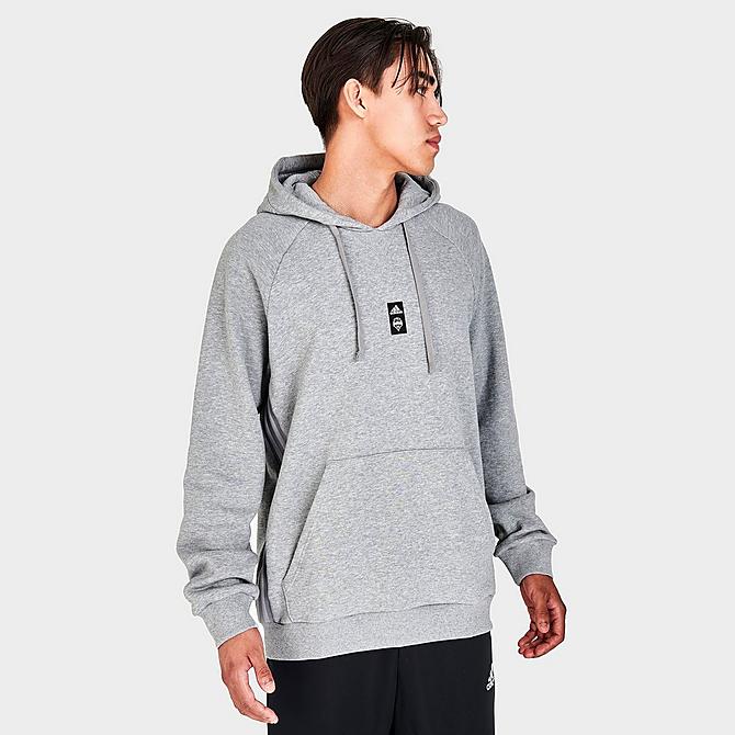 [angle] view of Men's adidas Seattle Sounders FC Travel Pullover Hoodie in Medium Grey Heather Click to zoom