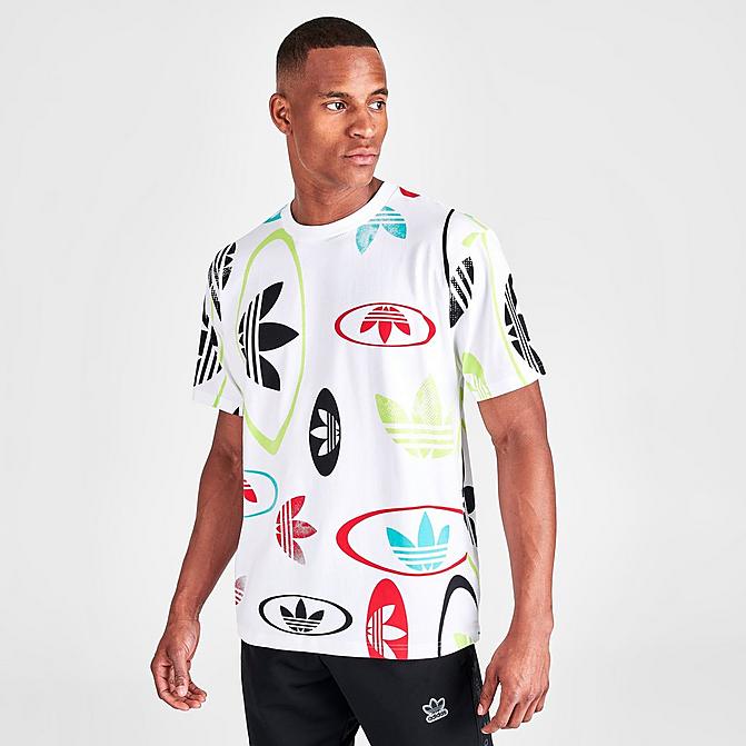 Front view of Men's adidas Originals All-Over Logo Print Short-Sleeve T-Shirt in White/Multicolor Click to zoom