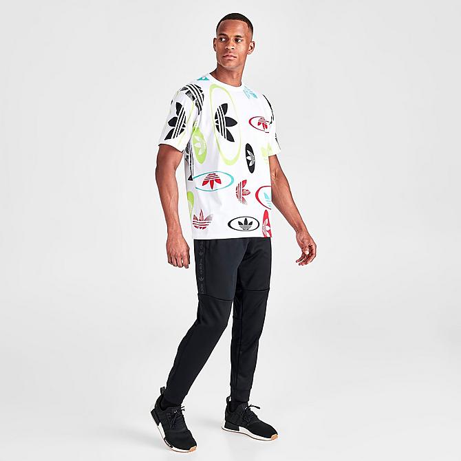 Front Three Quarter view of Men's adidas Originals All-Over Logo Print Short-Sleeve T-Shirt in White/Multicolor Click to zoom