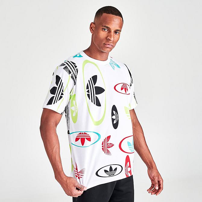 Back Left view of Men's adidas Originals All-Over Logo Print Short-Sleeve T-Shirt in White/Multicolor Click to zoom