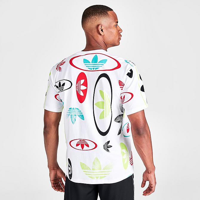 Back Right view of Men's adidas Originals All-Over Logo Print Short-Sleeve T-Shirt in White/Multicolor Click to zoom