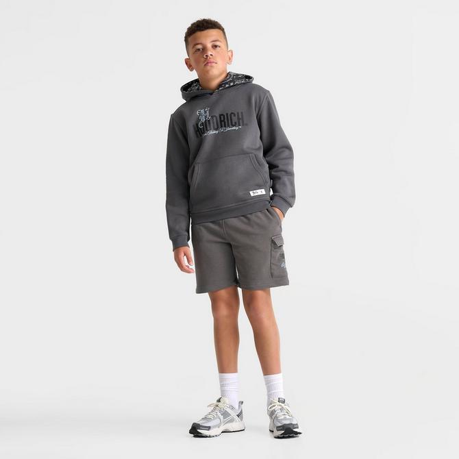 [angle] view of Kids' Hoodrich Splatter Cargo Shorts in Lava Smoke/Clear Sky Click to zoom