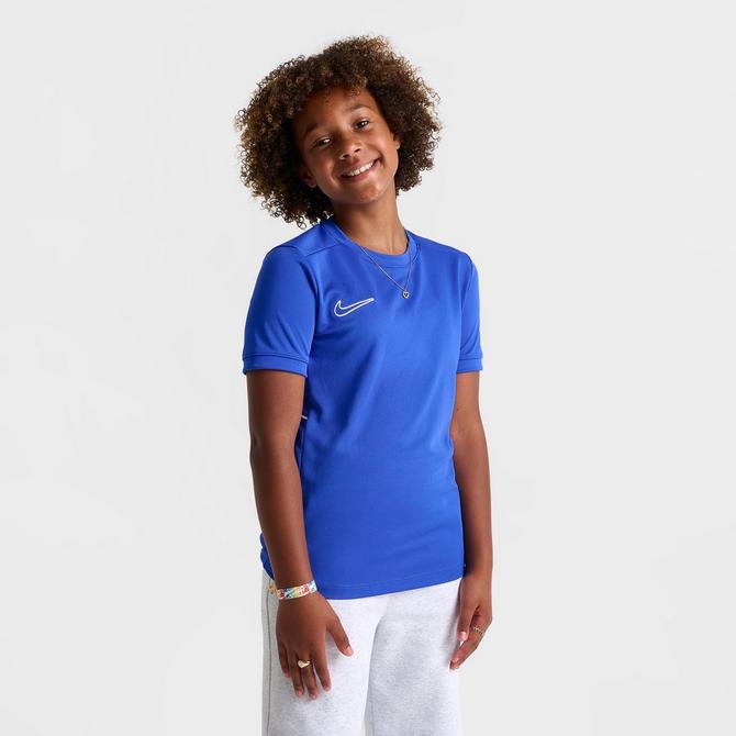 [angle] view of Kids' Nike Academy Dri-FIT Soccer Top in Game Royal/White Click to zoom