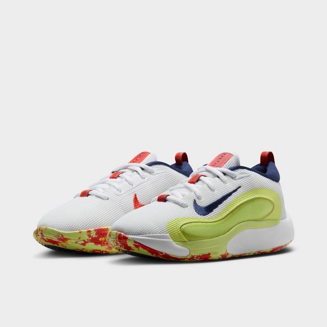 Three Quarter view of Big Kids' Nike IsoFly Basketball Shoes in White/Limelight/Light Lemon Twist/Midnight Navy Click to zoom