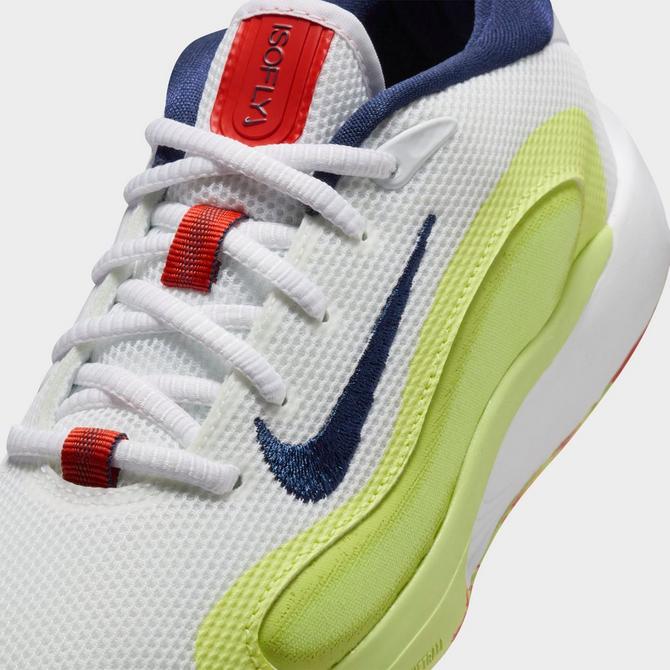 Front view of Big Kids' Nike IsoFly Basketball Shoes in White/Limelight/Light Lemon Twist/Midnight Navy Click to zoom